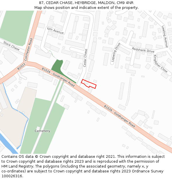 87, CEDAR CHASE, HEYBRIDGE, MALDON, CM9 4NR: Location map and indicative extent of plot