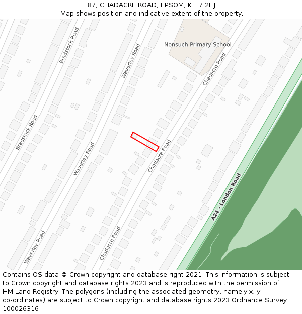 87, CHADACRE ROAD, EPSOM, KT17 2HJ: Location map and indicative extent of plot
