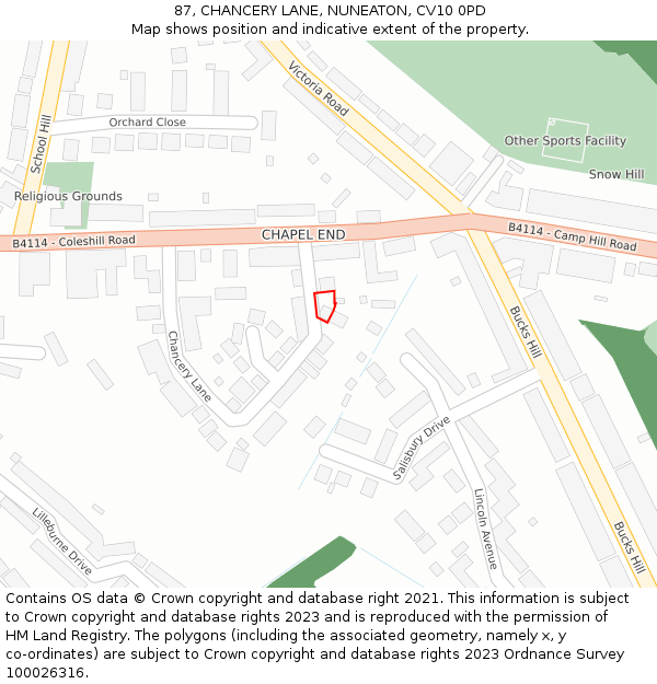 87, CHANCERY LANE, NUNEATON, CV10 0PD: Location map and indicative extent of plot
