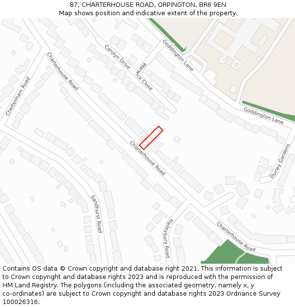 87, CHARTERHOUSE ROAD, ORPINGTON, BR6 9EN: Location map and indicative extent of plot