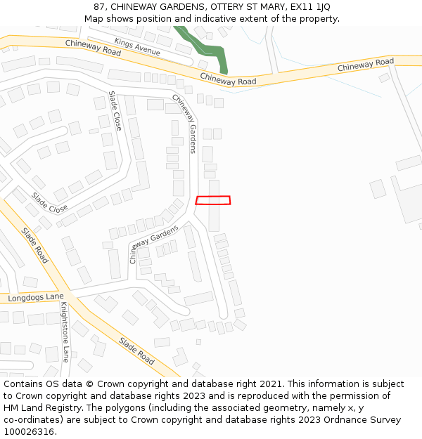 87, CHINEWAY GARDENS, OTTERY ST MARY, EX11 1JQ: Location map and indicative extent of plot