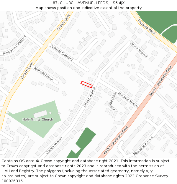 87, CHURCH AVENUE, LEEDS, LS6 4JX: Location map and indicative extent of plot