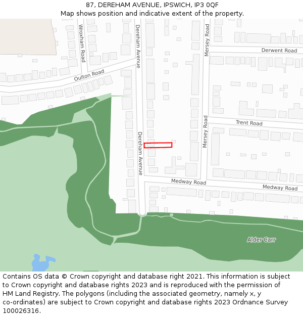87, DEREHAM AVENUE, IPSWICH, IP3 0QF: Location map and indicative extent of plot