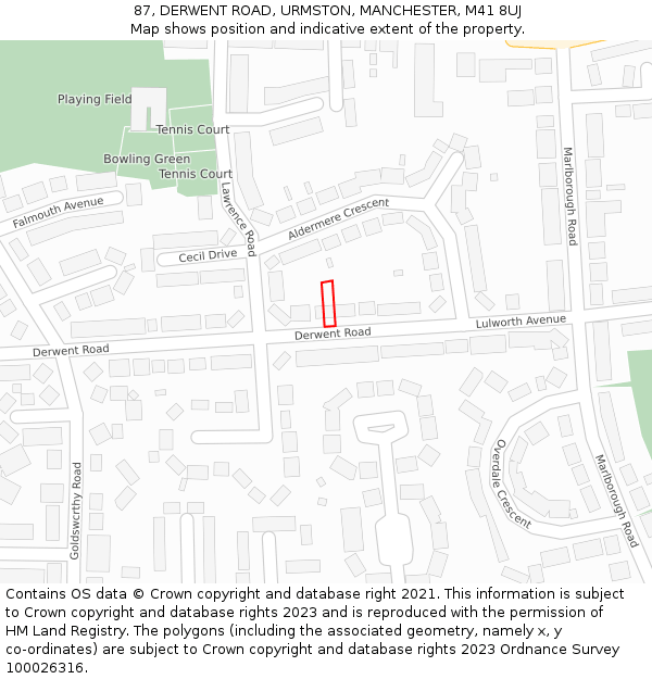87, DERWENT ROAD, URMSTON, MANCHESTER, M41 8UJ: Location map and indicative extent of plot