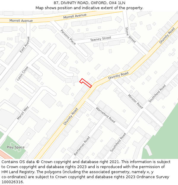 87, DIVINITY ROAD, OXFORD, OX4 1LN: Location map and indicative extent of plot