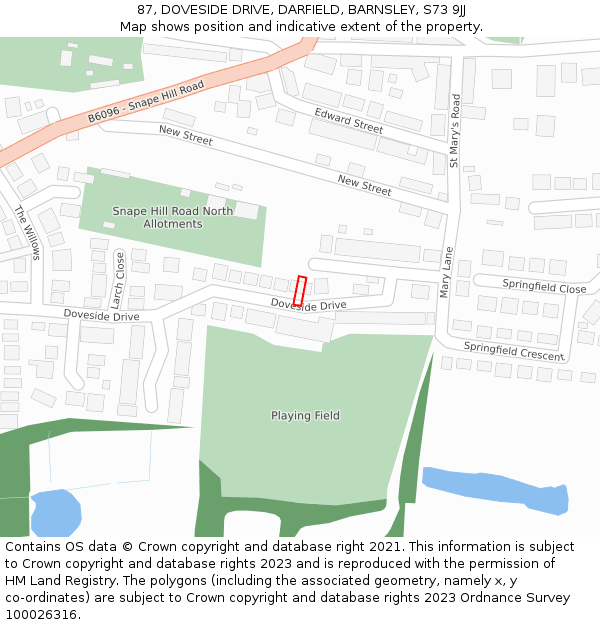 87, DOVESIDE DRIVE, DARFIELD, BARNSLEY, S73 9JJ: Location map and indicative extent of plot