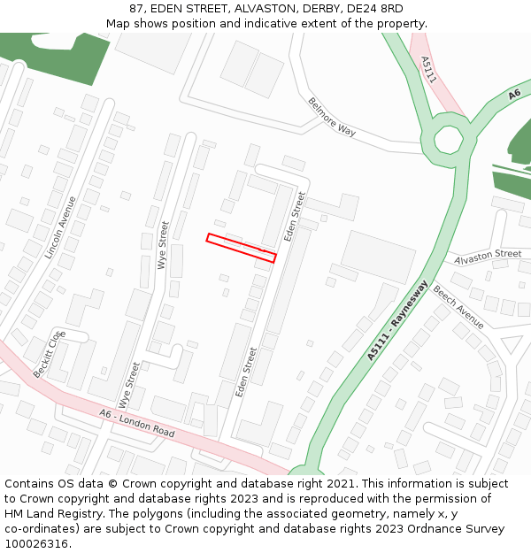 87, EDEN STREET, ALVASTON, DERBY, DE24 8RD: Location map and indicative extent of plot