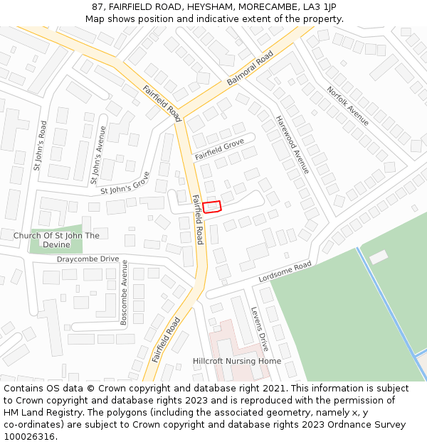 87, FAIRFIELD ROAD, HEYSHAM, MORECAMBE, LA3 1JP: Location map and indicative extent of plot