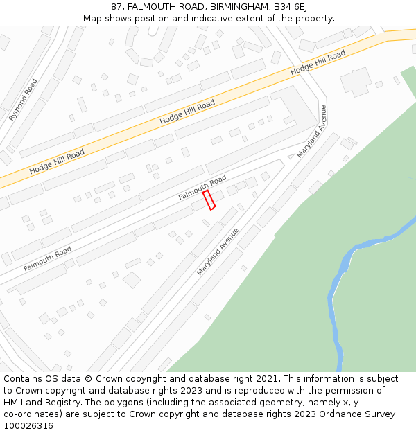 87, FALMOUTH ROAD, BIRMINGHAM, B34 6EJ: Location map and indicative extent of plot