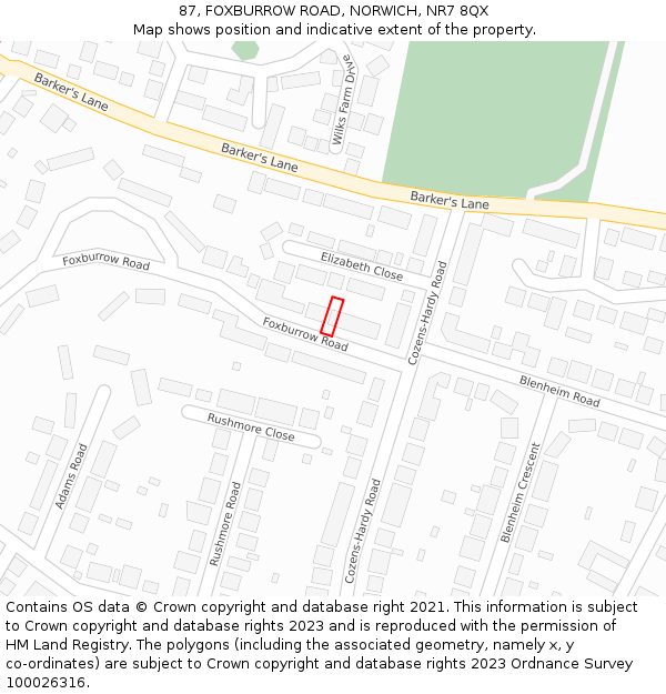 87, FOXBURROW ROAD, NORWICH, NR7 8QX: Location map and indicative extent of plot