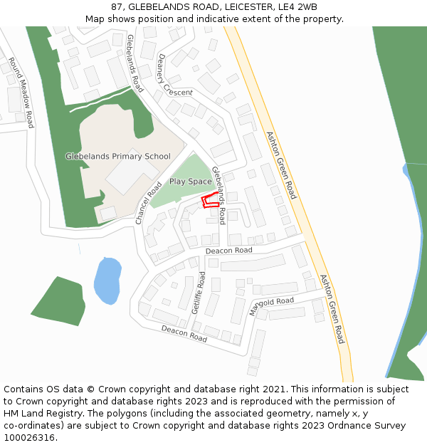 87, GLEBELANDS ROAD, LEICESTER, LE4 2WB: Location map and indicative extent of plot