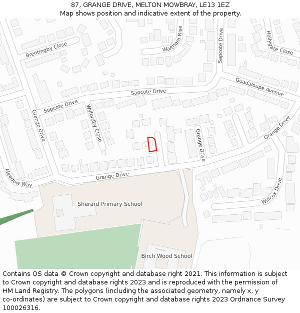 87, GRANGE DRIVE, MELTON MOWBRAY, LE13 1EZ: Location map and indicative extent of plot