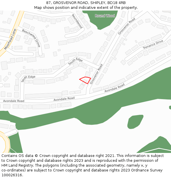 87, GROSVENOR ROAD, SHIPLEY, BD18 4RB: Location map and indicative extent of plot