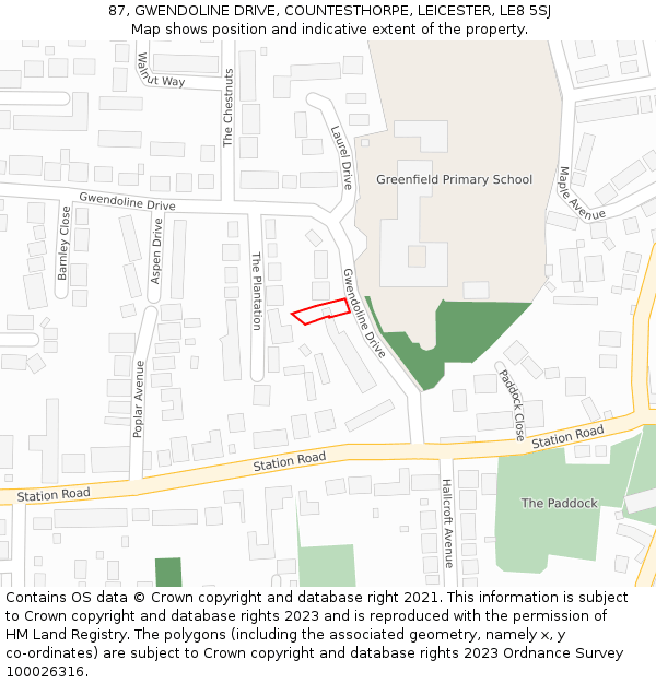 87, GWENDOLINE DRIVE, COUNTESTHORPE, LEICESTER, LE8 5SJ: Location map and indicative extent of plot