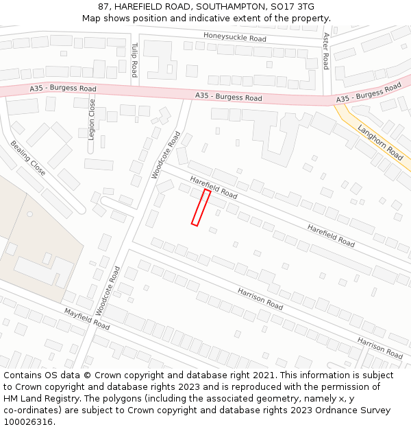 87, HAREFIELD ROAD, SOUTHAMPTON, SO17 3TG: Location map and indicative extent of plot