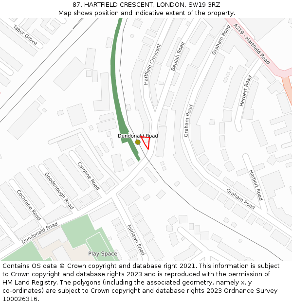 87, HARTFIELD CRESCENT, LONDON, SW19 3RZ: Location map and indicative extent of plot