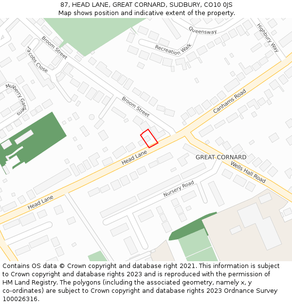 87, HEAD LANE, GREAT CORNARD, SUDBURY, CO10 0JS: Location map and indicative extent of plot