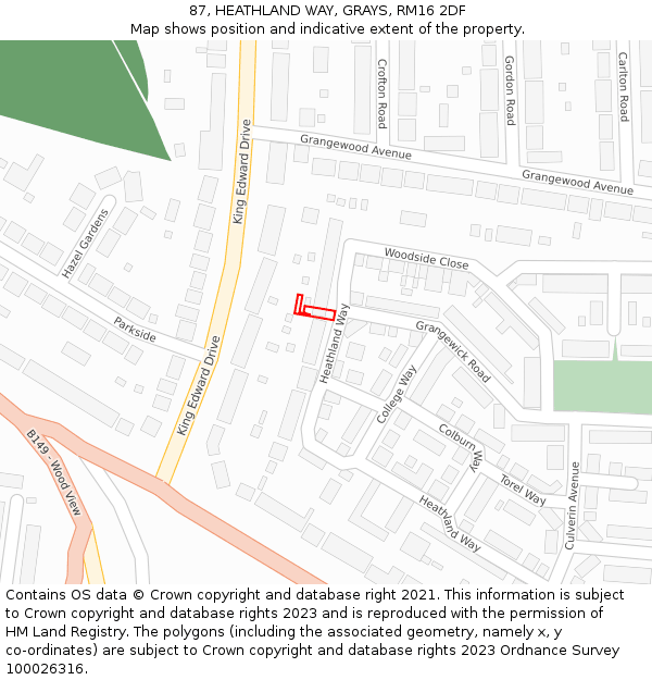87, HEATHLAND WAY, GRAYS, RM16 2DF: Location map and indicative extent of plot
