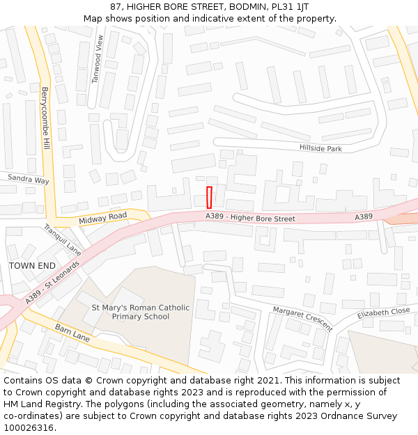 87, HIGHER BORE STREET, BODMIN, PL31 1JT: Location map and indicative extent of plot