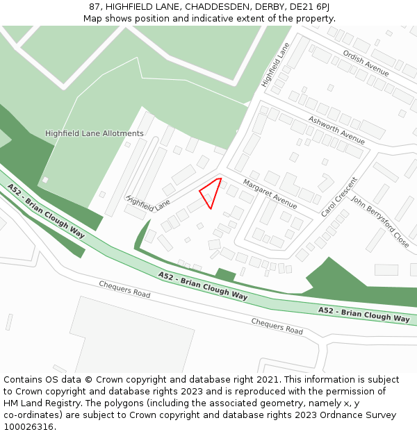 87, HIGHFIELD LANE, CHADDESDEN, DERBY, DE21 6PJ: Location map and indicative extent of plot