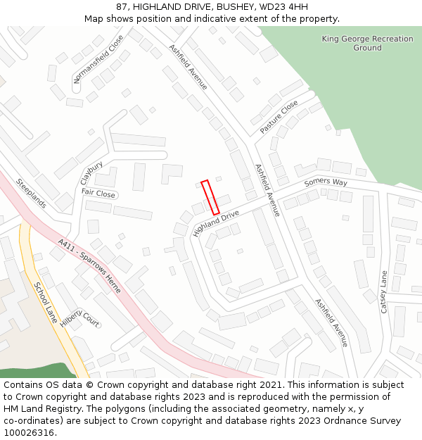 87, HIGHLAND DRIVE, BUSHEY, WD23 4HH: Location map and indicative extent of plot