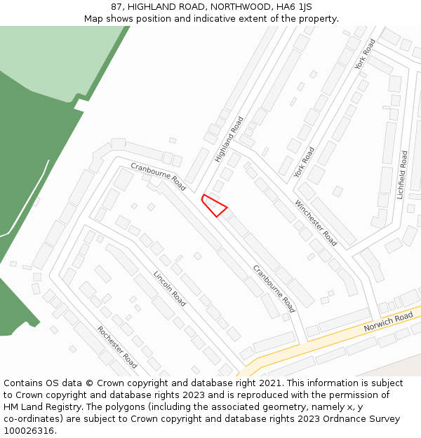 87, HIGHLAND ROAD, NORTHWOOD, HA6 1JS: Location map and indicative extent of plot