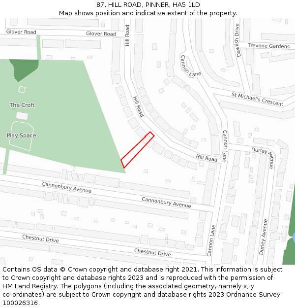 87, HILL ROAD, PINNER, HA5 1LD: Location map and indicative extent of plot