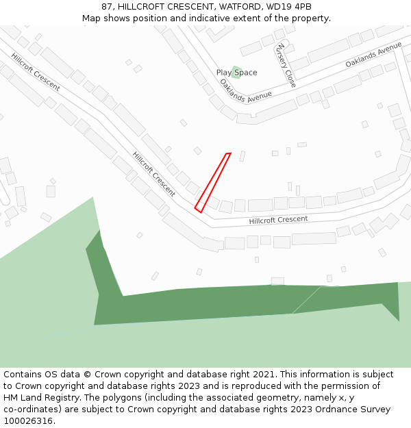 87, HILLCROFT CRESCENT, WATFORD, WD19 4PB: Location map and indicative extent of plot
