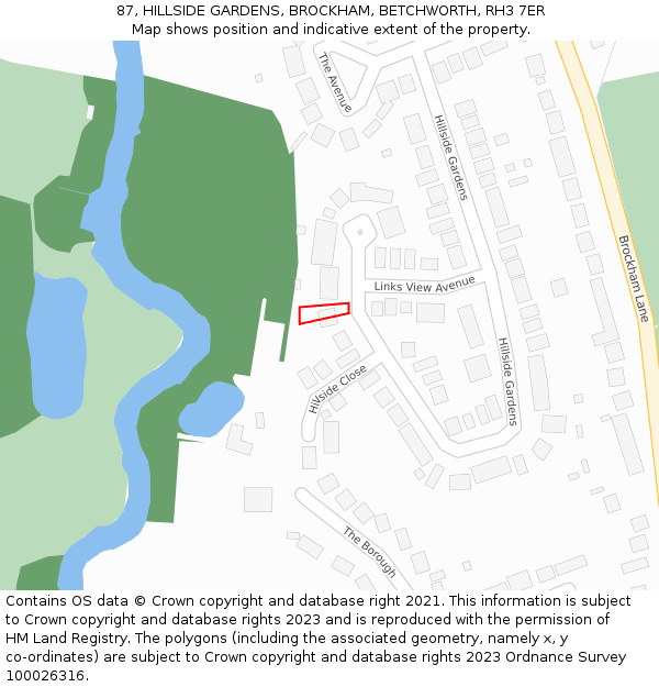 87, HILLSIDE GARDENS, BROCKHAM, BETCHWORTH, RH3 7ER: Location map and indicative extent of plot