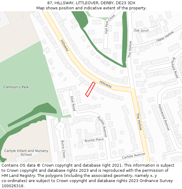 87, HILLSWAY, LITTLEOVER, DERBY, DE23 3DX: Location map and indicative extent of plot