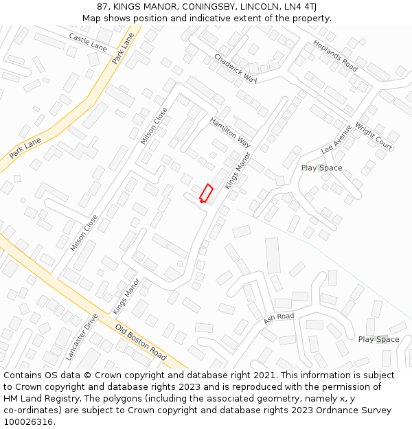87, KINGS MANOR, CONINGSBY, LINCOLN, LN4 4TJ: Location map and indicative extent of plot