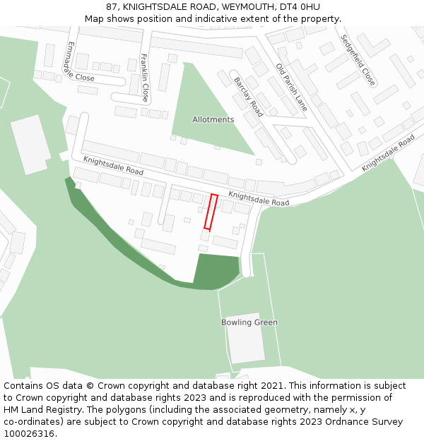 87, KNIGHTSDALE ROAD, WEYMOUTH, DT4 0HU: Location map and indicative extent of plot