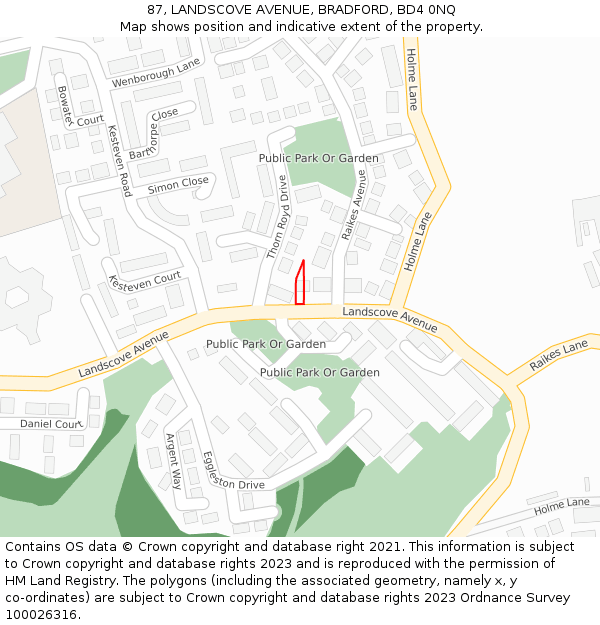 87, LANDSCOVE AVENUE, BRADFORD, BD4 0NQ: Location map and indicative extent of plot