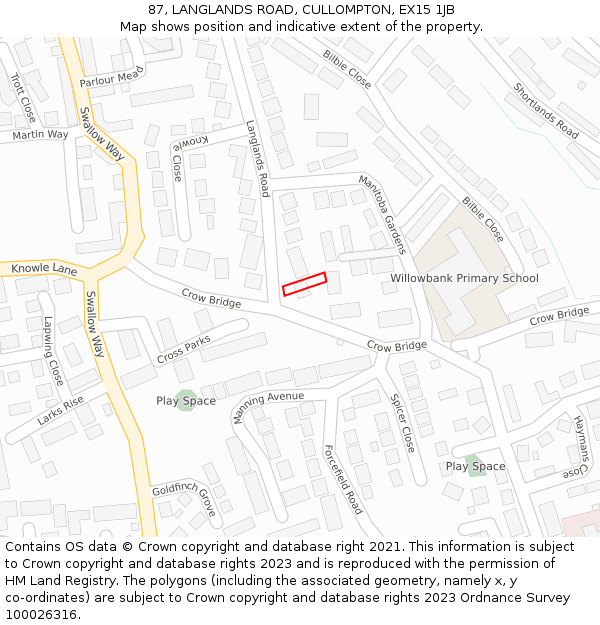 87, LANGLANDS ROAD, CULLOMPTON, EX15 1JB: Location map and indicative extent of plot