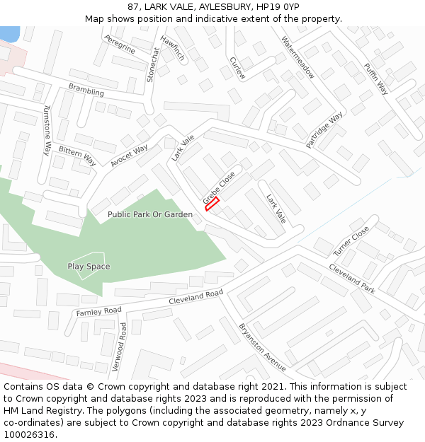 87, LARK VALE, AYLESBURY, HP19 0YP: Location map and indicative extent of plot