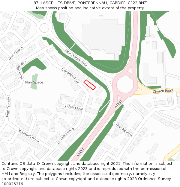 87, LASCELLES DRIVE, PONTPRENNAU, CARDIFF, CF23 8NZ: Location map and indicative extent of plot