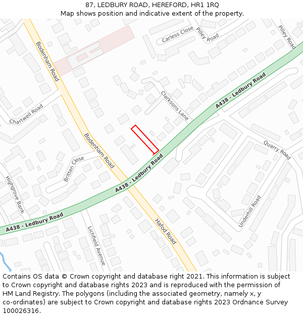 87, LEDBURY ROAD, HEREFORD, HR1 1RQ: Location map and indicative extent of plot