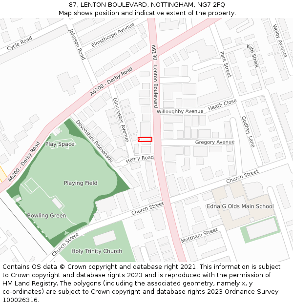 87, LENTON BOULEVARD, NOTTINGHAM, NG7 2FQ: Location map and indicative extent of plot