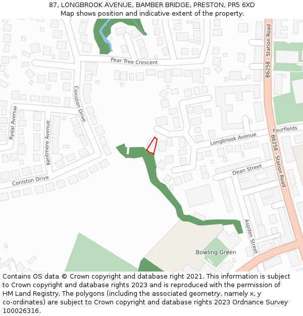 87, LONGBROOK AVENUE, BAMBER BRIDGE, PRESTON, PR5 6XD: Location map and indicative extent of plot