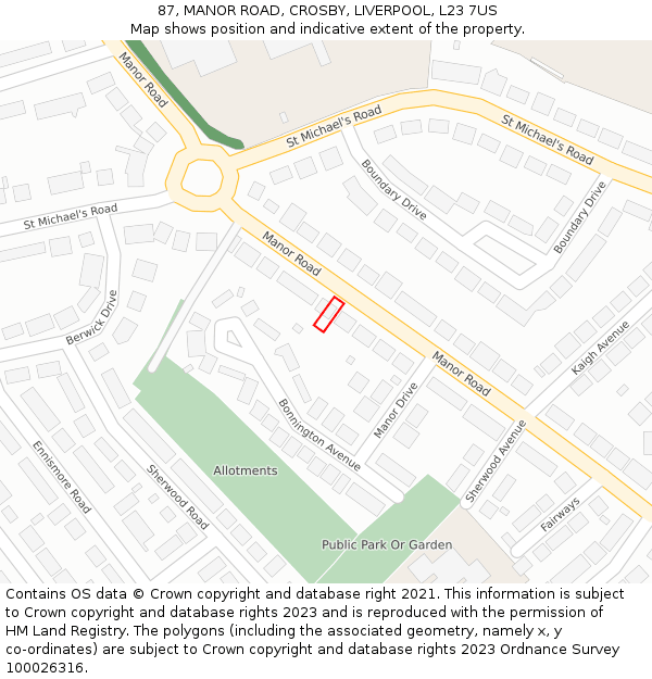 87, MANOR ROAD, CROSBY, LIVERPOOL, L23 7US: Location map and indicative extent of plot