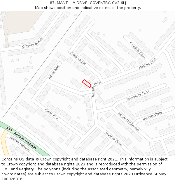 87, MANTILLA DRIVE, COVENTRY, CV3 6LJ: Location map and indicative extent of plot