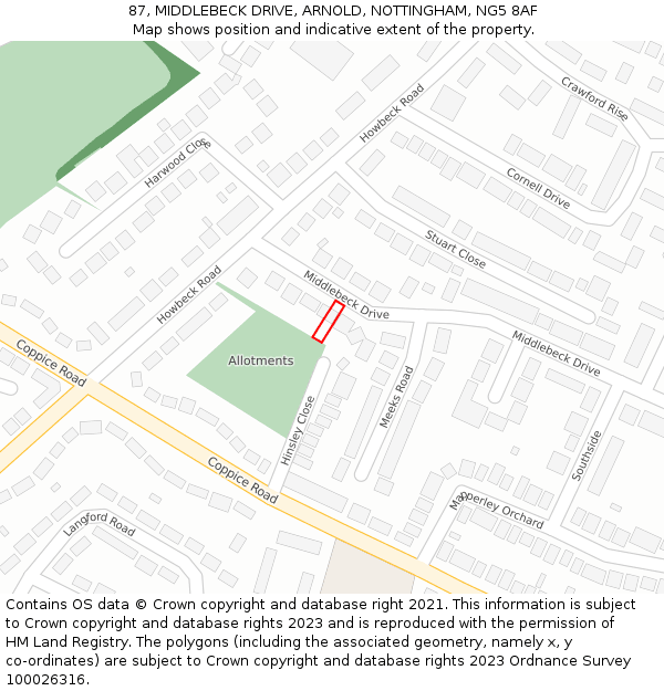 87, MIDDLEBECK DRIVE, ARNOLD, NOTTINGHAM, NG5 8AF: Location map and indicative extent of plot