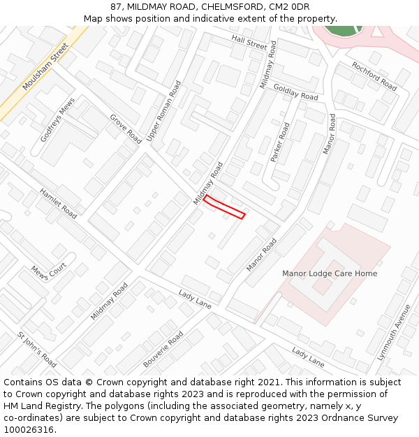 87, MILDMAY ROAD, CHELMSFORD, CM2 0DR: Location map and indicative extent of plot