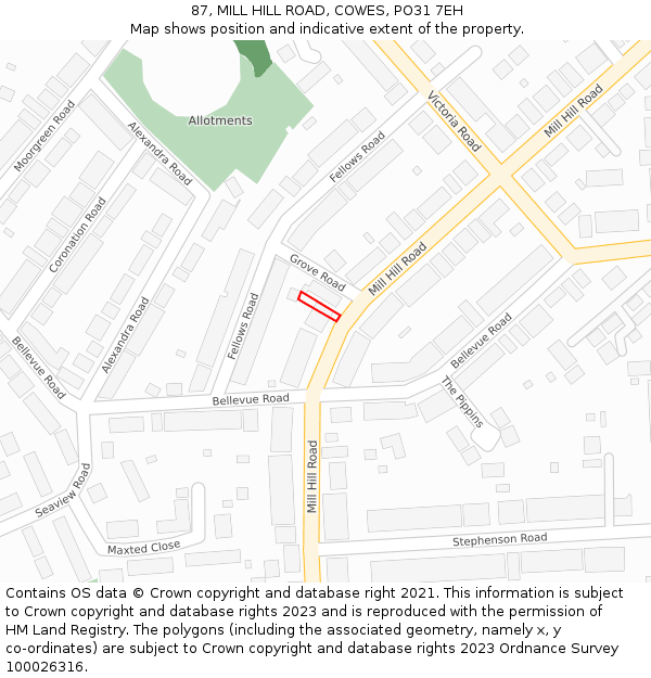 87, MILL HILL ROAD, COWES, PO31 7EH: Location map and indicative extent of plot