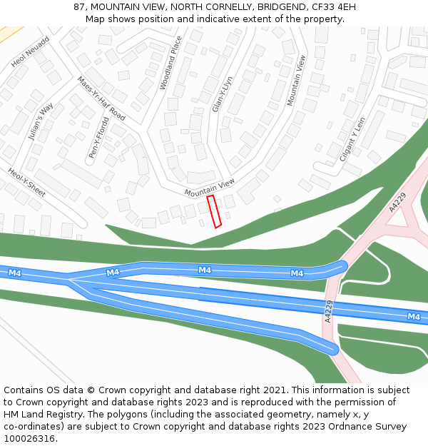 87, MOUNTAIN VIEW, NORTH CORNELLY, BRIDGEND, CF33 4EH: Location map and indicative extent of plot