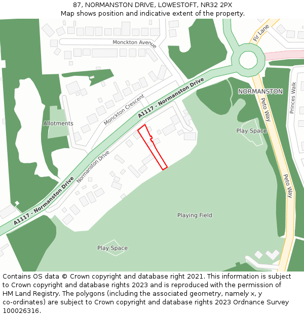 87, NORMANSTON DRIVE, LOWESTOFT, NR32 2PX: Location map and indicative extent of plot