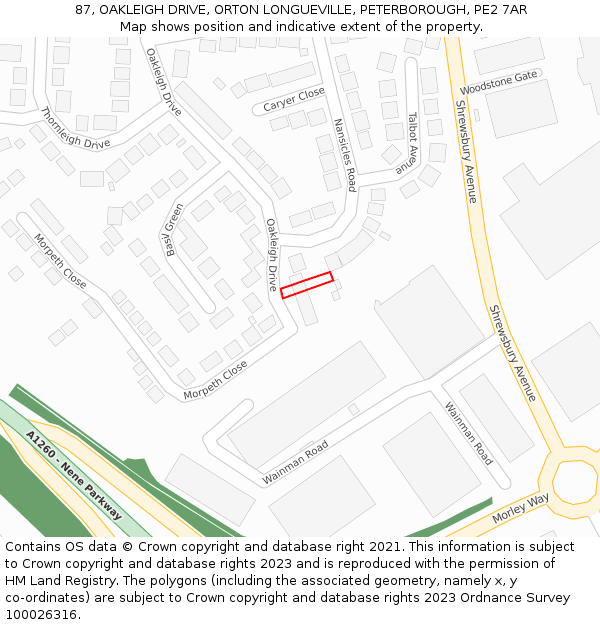 87, OAKLEIGH DRIVE, ORTON LONGUEVILLE, PETERBOROUGH, PE2 7AR: Location map and indicative extent of plot