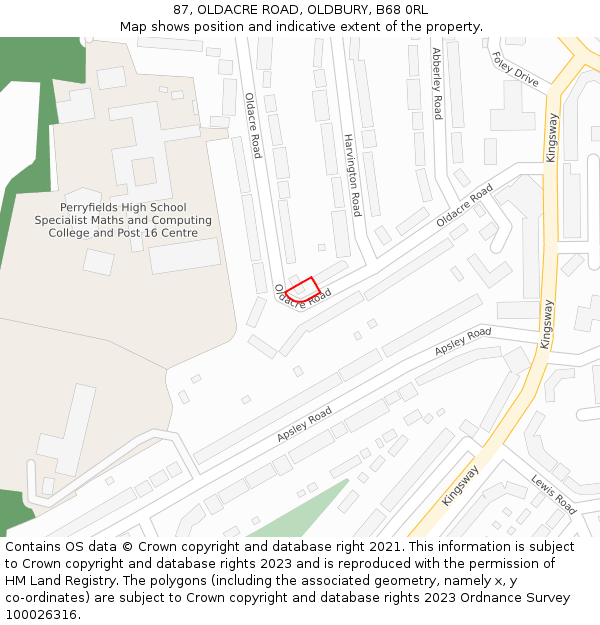 87, OLDACRE ROAD, OLDBURY, B68 0RL: Location map and indicative extent of plot