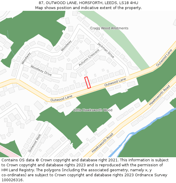 87, OUTWOOD LANE, HORSFORTH, LEEDS, LS18 4HU: Location map and indicative extent of plot