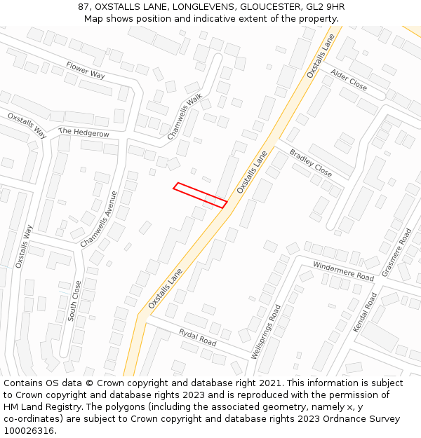 87, OXSTALLS LANE, LONGLEVENS, GLOUCESTER, GL2 9HR: Location map and indicative extent of plot